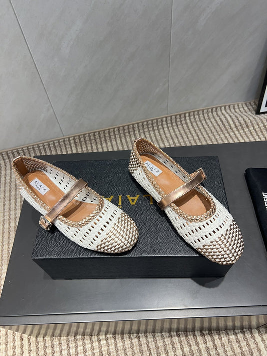 ALAIA MARY JANE FLATS WOVEN PATTERN 25S IN WHITE MIX CARAMEL BROWN CALFSKIN - 35