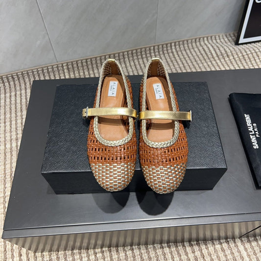 ALAIA MARY JANE FLATS WOVEN PATTERN 25S IN BROWN CALFSKIN - 35