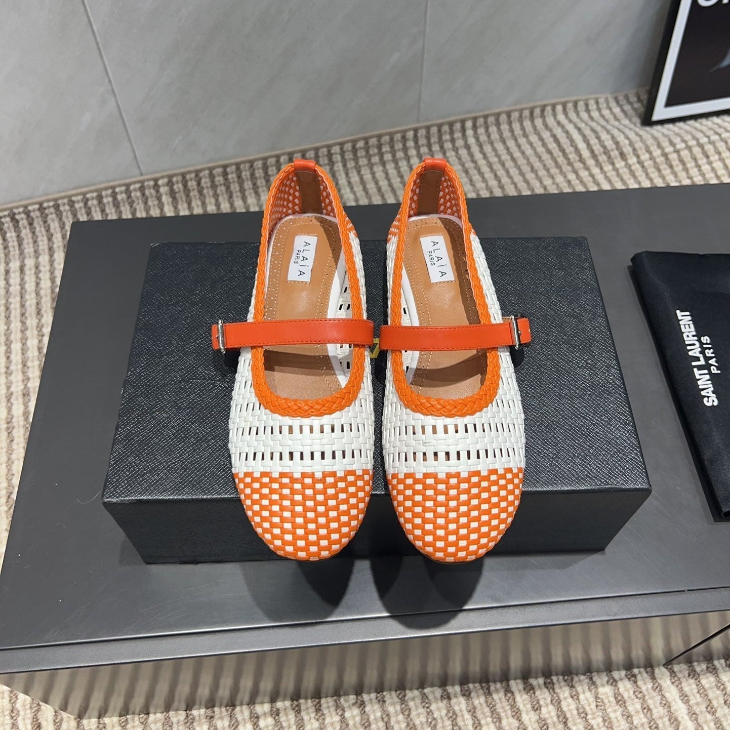 ALAIA MARY JANE FLATS WOVEN PATTERN 25S IN WHITE MIX ORANGE CALFSKIN - 35