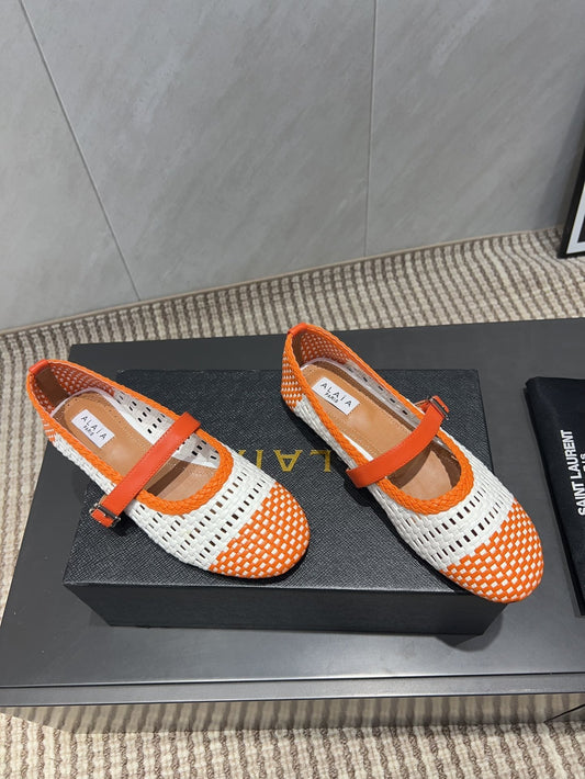 ALAIA MARY JANE FLATS WOVEN PATTERN 25S IN WHITE MIX ORANGE CALFSKIN - 35