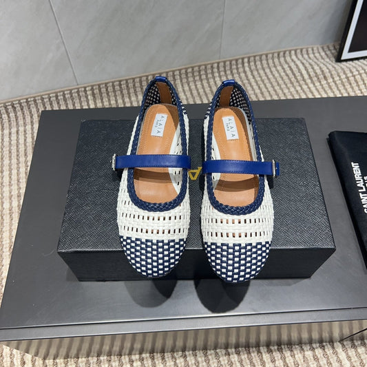 ALAIA MARY JANE FLATS WOVEN PATTERN 25S IN WHITE MIX NAVY BLUE CALFSKIN - 35
