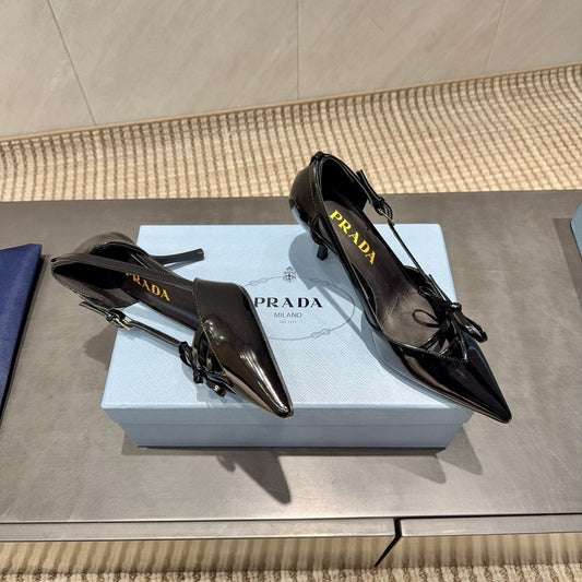 PRADA 26S ГОСТРОНОСІ ТУФЛІ-ЧОВНИКИ З ВИРІЗОМ І БАНТОМ З ЧОРНОЇ ТЕЛЯЧОЇ ШКІРИ, КАБЛУК 75 ММ