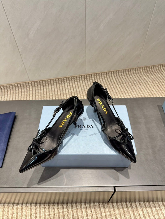 PRADA 26S ГОСТРОНОСІ ТУФЛІ-ЧОВНИКИ З ВИРІЗОМ І БАНТОМ З ЧОРНОЇ ТЕЛЯЧОЇ ШКІРИ, КАБЛУК 75 ММ