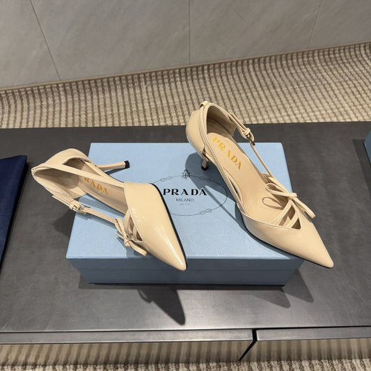 PRADA 26S ГОСТРОНОСІ ТУФЛІ З ВИРІЗОМ НА ВИСОКИХ ПІДБОРАХ 75 ММ З БЕЖЕВОЇ ТЕЛЯЧОЇ ШКІРИ З БАНТОМ