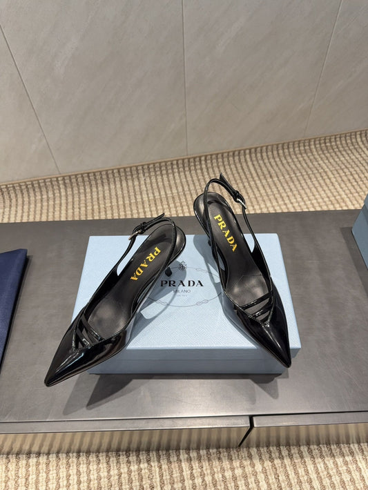 PRADA 26S ГОСТРОНОСІ ТУФЛІ-СЛІНГБЕКИ НА ВИСОКИХ ПІДБОРАХ 75 ММ З ЧОРНОЇ ТЕЛЯЧОЇ ШКІРИ