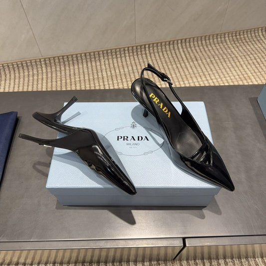 PRADA 26S ГОСТРОНОСІ ТУФЛІ-СЛІНГБЕКИ НА ВИСОКИХ ПІДБОРАХ 75 ММ З ЧОРНОЇ ТЕЛЯЧОЇ ШКІРИ