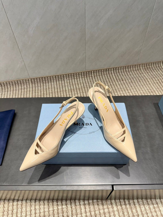 ЖІНОЧІ ТУФЛІ PRADA 26S НА ВИСОКИХ ПІДБОРАХ 75 ММ ІЗ ЗАГОСТРЕНИМ НОСКОМ І РЕМІНЦЕМ ЗЗАДУ, БЕЖЕВА ТЕЛЯЧА ШКІРА