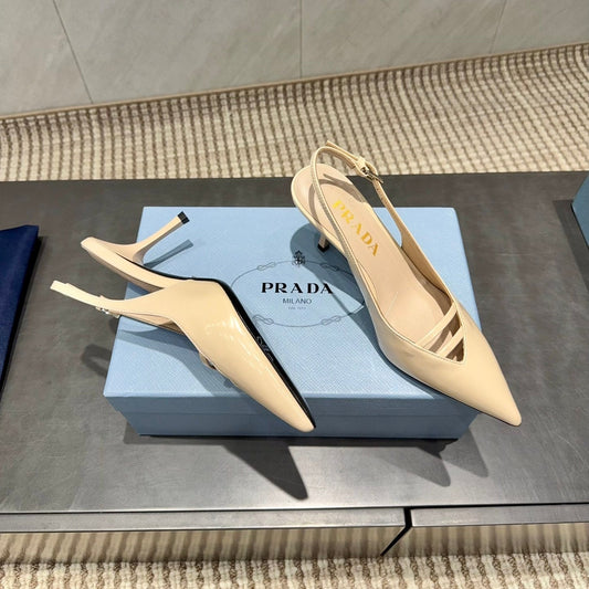 ЖІНОЧІ ТУФЛІ PRADA 26S НА ВИСОКИХ ПІДБОРАХ 75 ММ ІЗ ЗАГОСТРЕНИМ НОСКОМ І РЕМІНЦЕМ ЗЗАДУ, БЕЖЕВА ТЕЛЯЧА ШКІРА