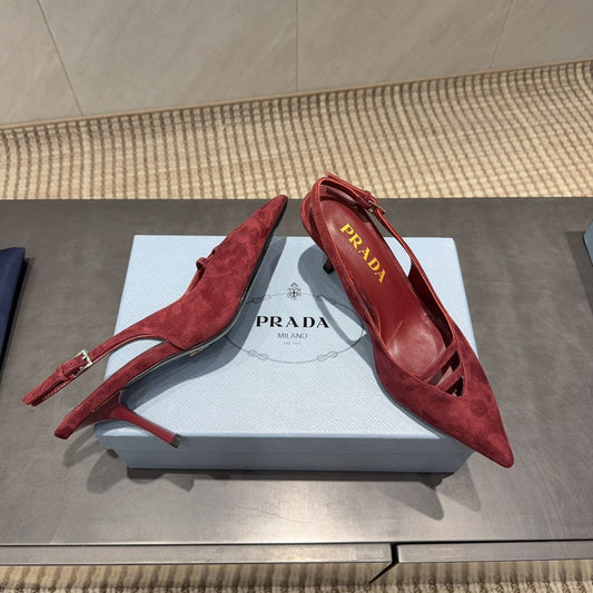 PRADA 26S ГОСТРОНОСІ ТУФЛІ-СЛІНГБЕКИ НА ВИСОКИХ ПІДБОРАХ 75 ММ ІЗ ТЕМНО-ЧЕРВОНОЇ ЗАМШІ