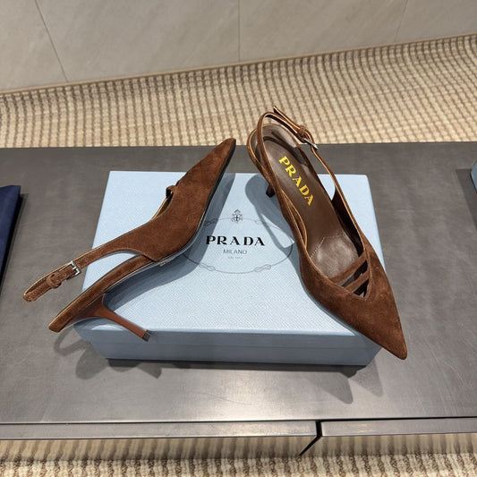 Гостроносі туфлі-слінгбеки PRADA 26S на підборах 75 мм із темно-коричневої замші