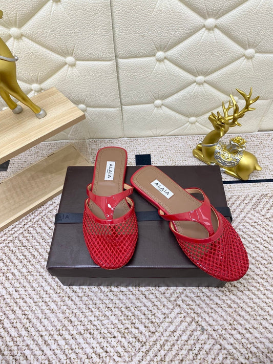ALAIA BREATHABLE FLAT-TOE MULES 25S IN RED CALFSKIN - 35