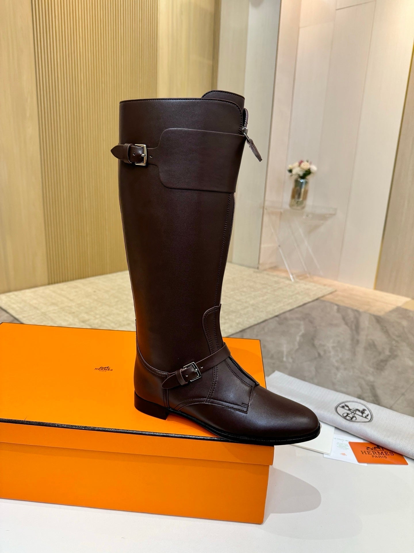 HM 25S RIDING BOOTS IN DARK BROWN LAMBSKIN WITH SILVER HARDWARE - 34