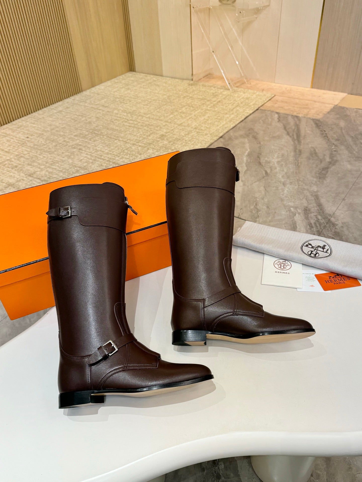 HM 25S RIDING BOOTS IN DARK BROWN LAMBSKIN WITH SILVER HARDWARE - 34