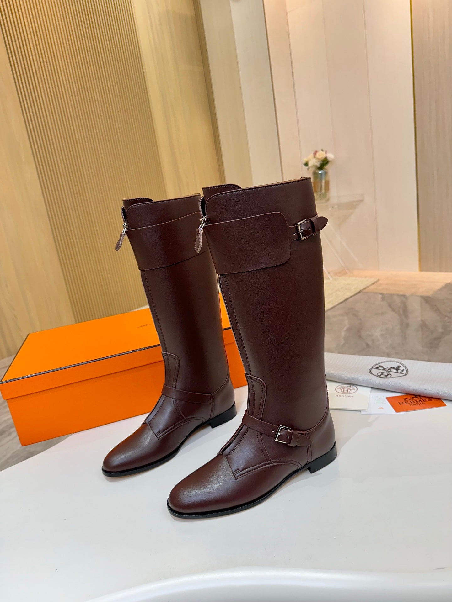 HM 25S RIDING BOOTS IN DARK BROWN LAMBSKIN WITH SILVER HARDWARE - 34