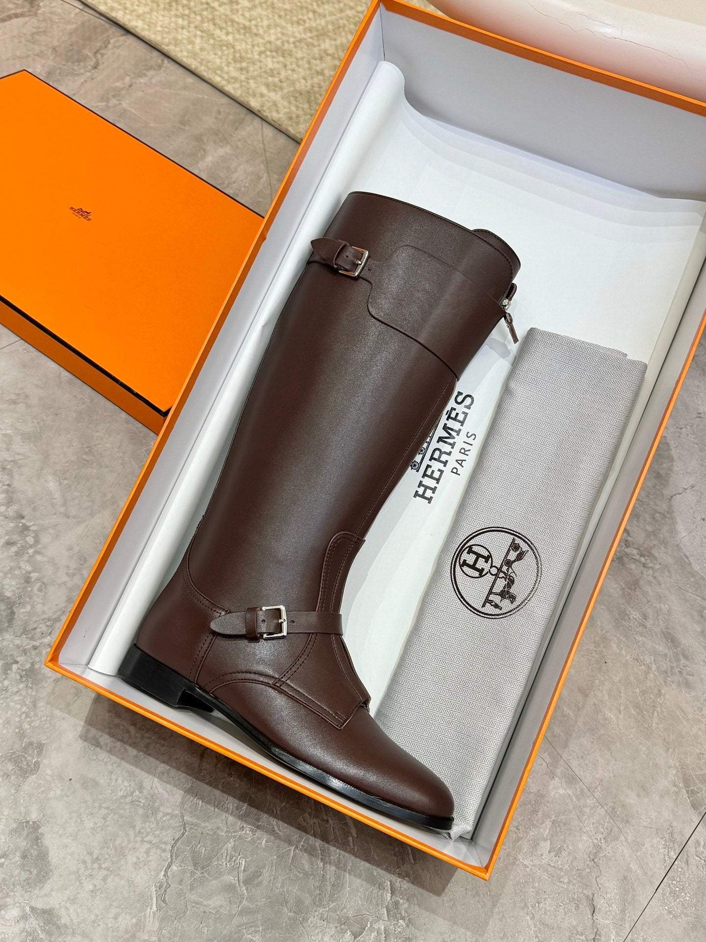 HM 25S RIDING BOOTS IN DARK BROWN LAMBSKIN WITH SILVER HARDWARE - 34