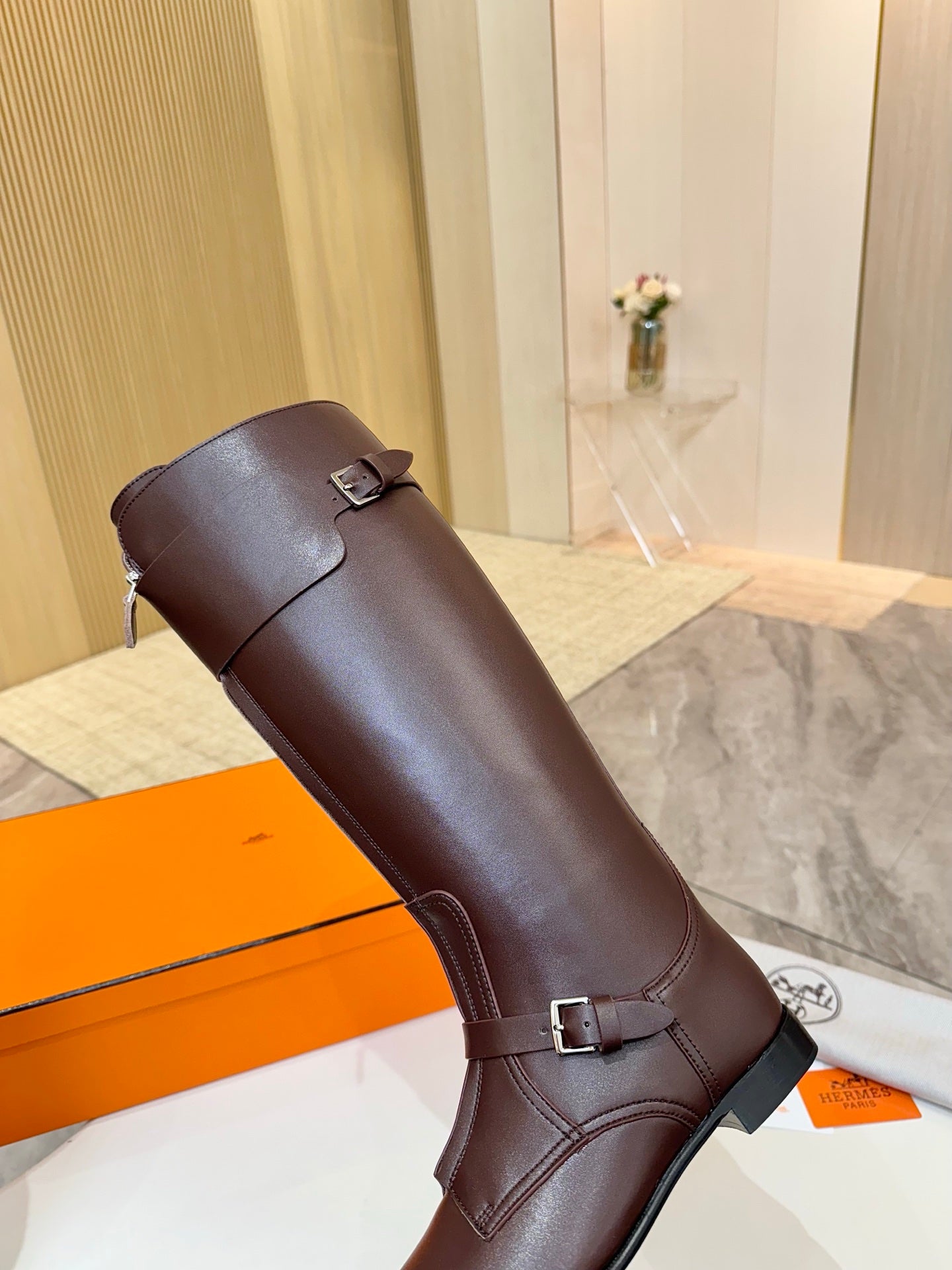 HM 25S RIDING BOOTS IN DARK BROWN LAMBSKIN WITH SILVER HARDWARE - 34