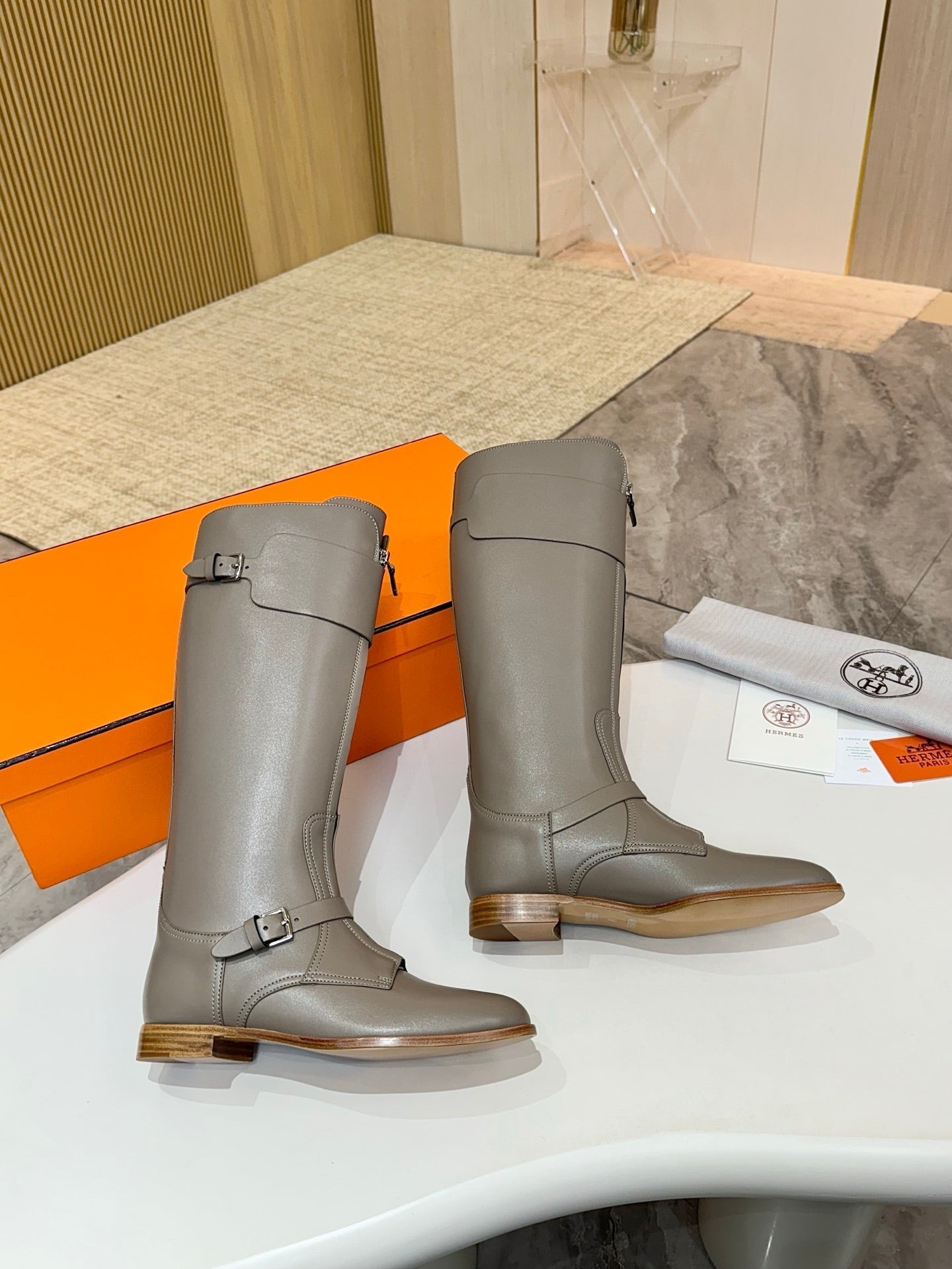 HM 25S RIDING BOOTS IN GREY LAMBSKIN WITH SILVER HARDWARE - 34