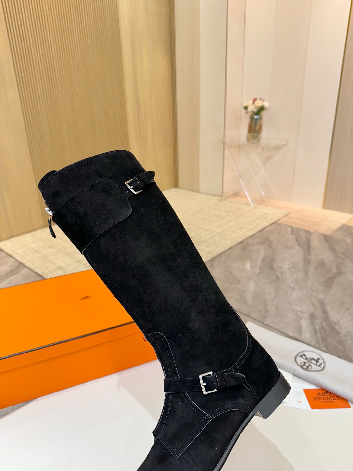 HM 25S RIDING BOOTS IN BLACK SUEDE WITH SILVER HARDWARE - 34