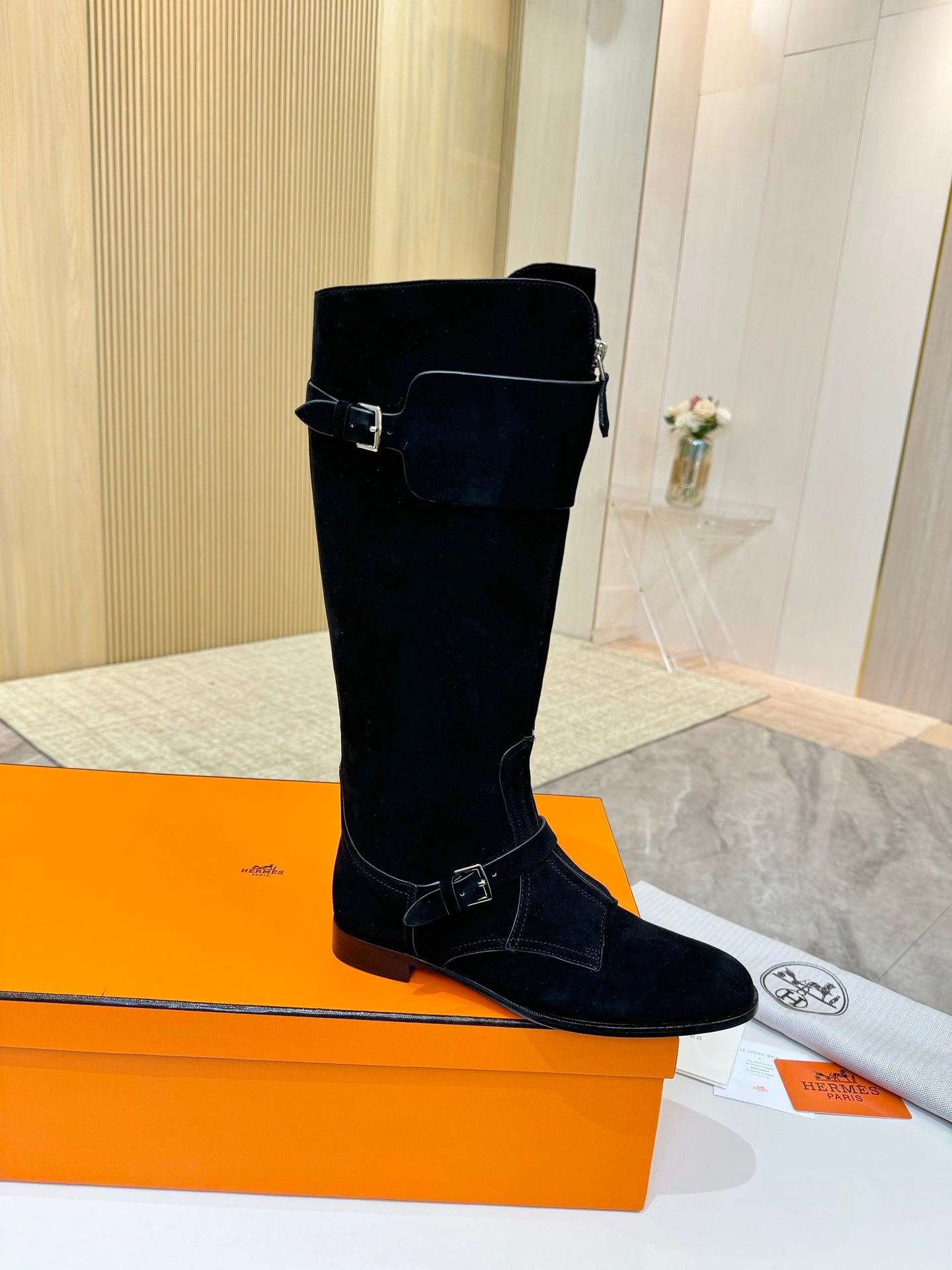 HM 25S RIDING BOOTS IN BLACK SUEDE WITH SILVER HARDWARE - 34