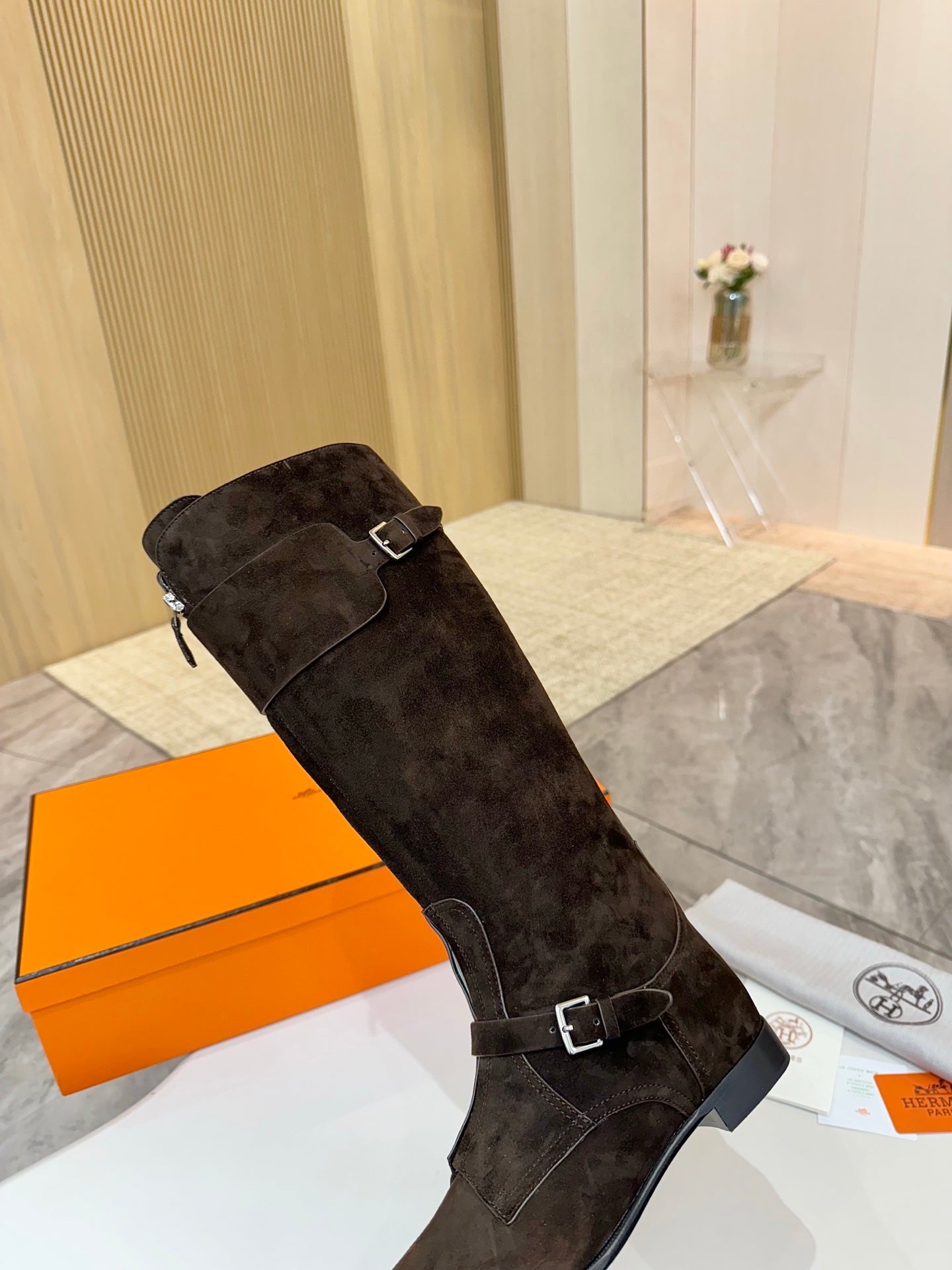 HM 25S RIDING BOOTS IN DARK COFFEE BROWN SUEDE WITH SILVER HARDWARE - 34