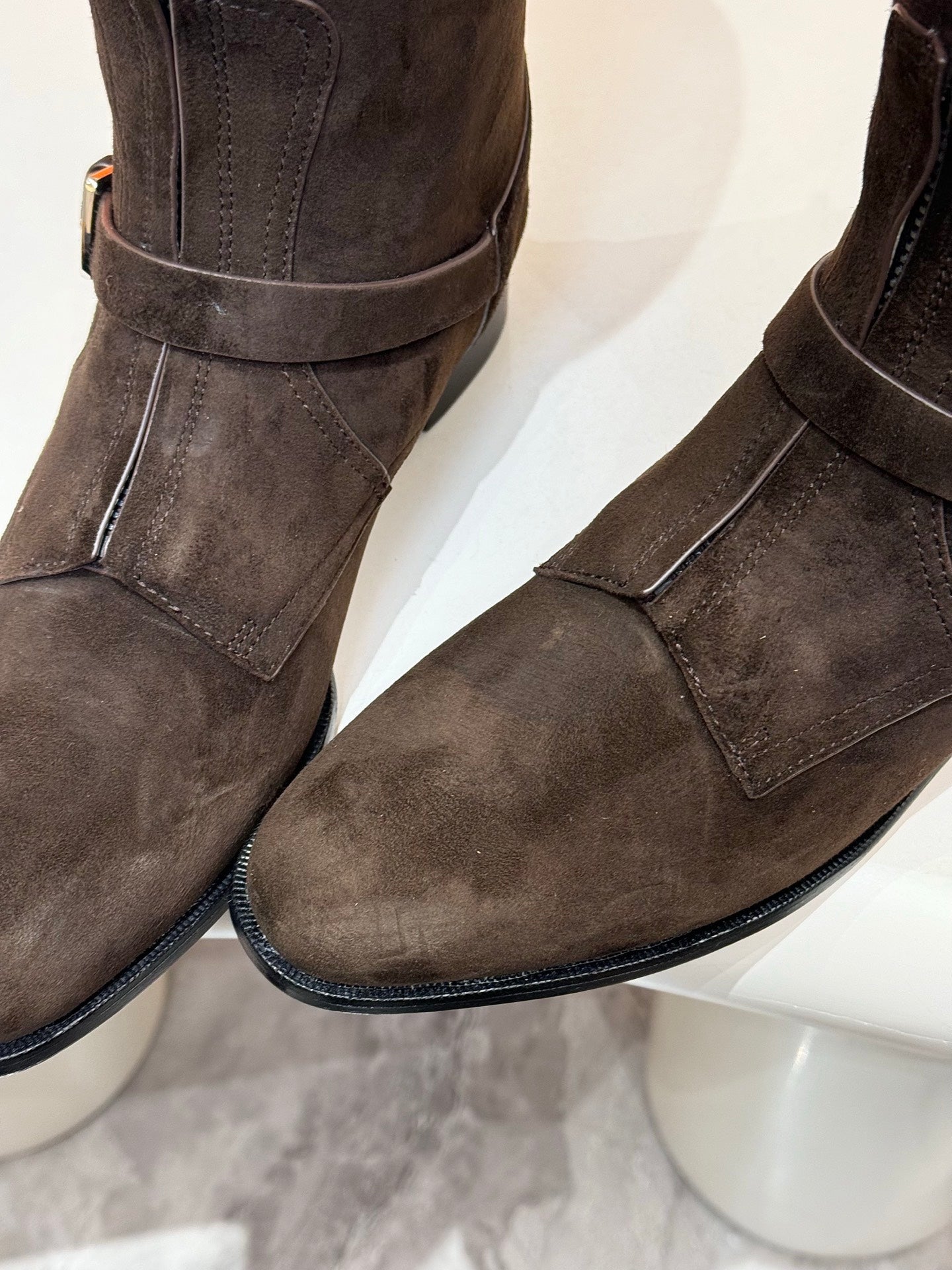 HM 25S RIDING BOOTS IN DARK COFFEE BROWN SUEDE WITH SILVER HARDWARE - 34