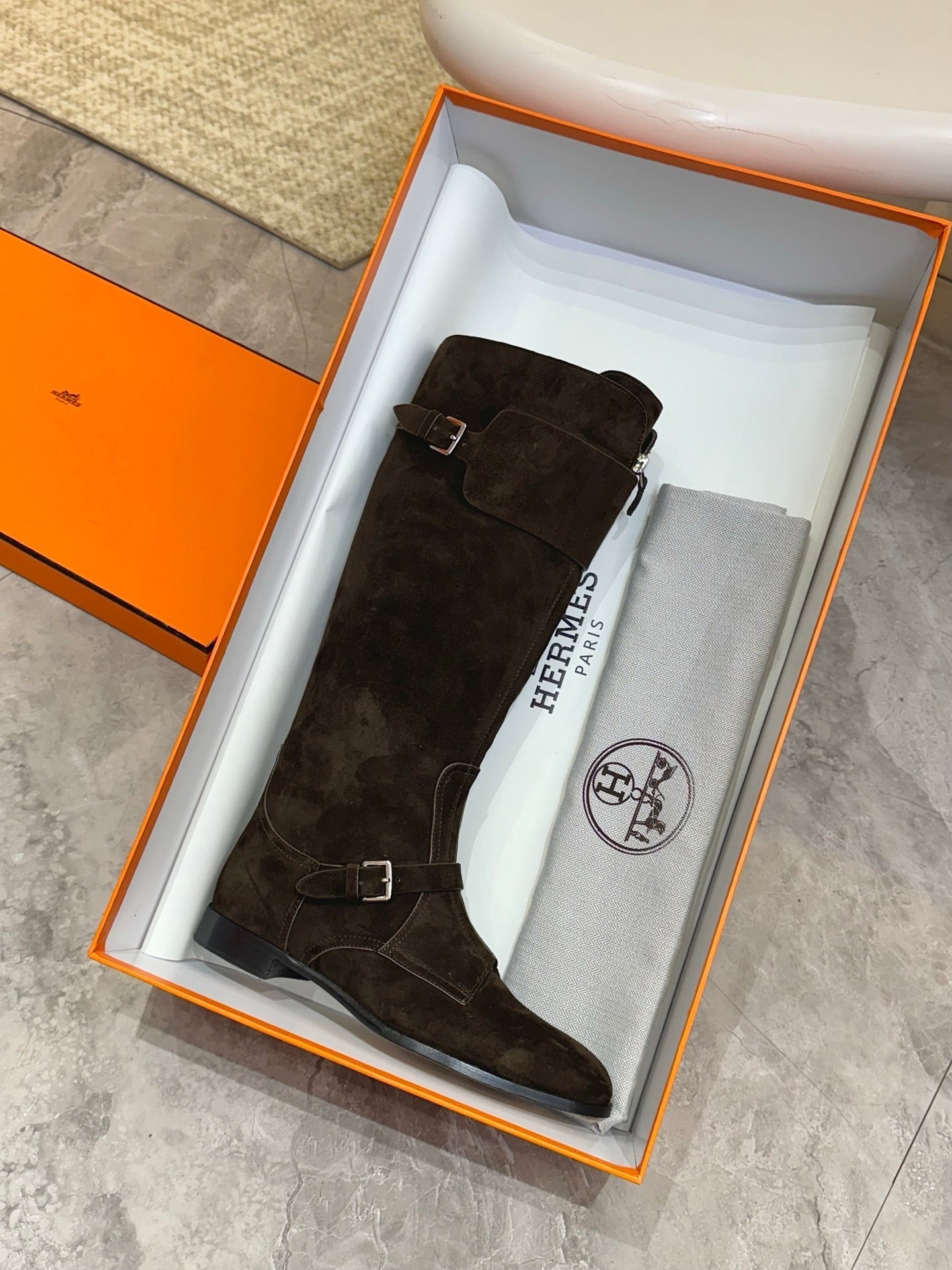 HM 25S RIDING BOOTS IN DARK COFFEE BROWN SUEDE WITH SILVER HARDWARE - 34
