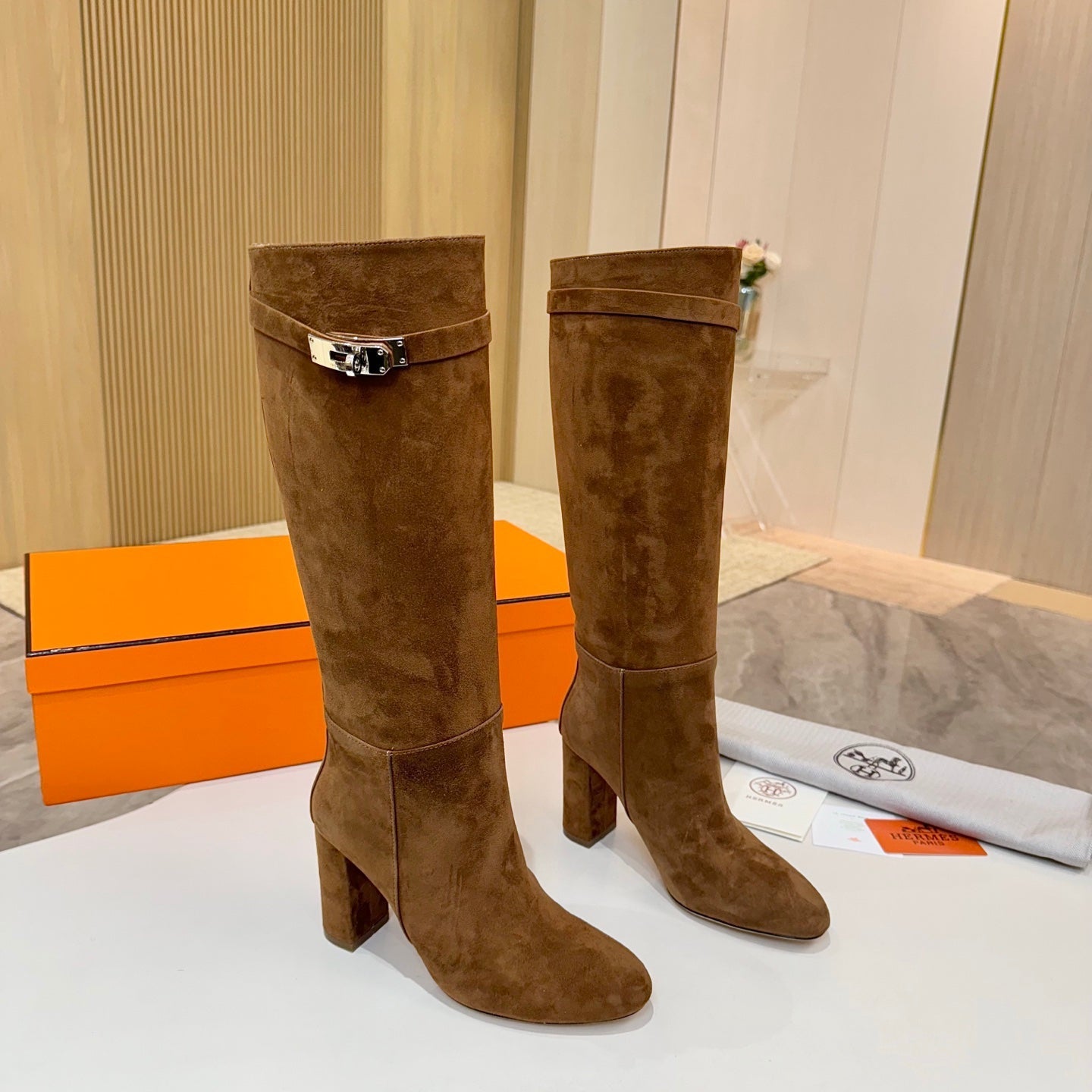 HM 25S KELLY KNEE-HIGH BOOTS IN BROWN SUEDE WITH SILVER HARDWARE - 34