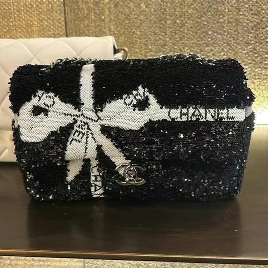 CHANEL 25S СУМКА FLAP BAG 20 СМ У ЧОРНИХ ПАЄТКАХ З БІЛИМ БАНТОМ