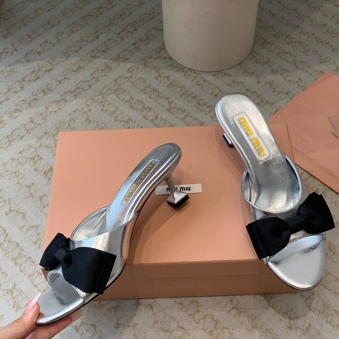 Silver Mid - Heels With Black Bow Calfskin - 35
