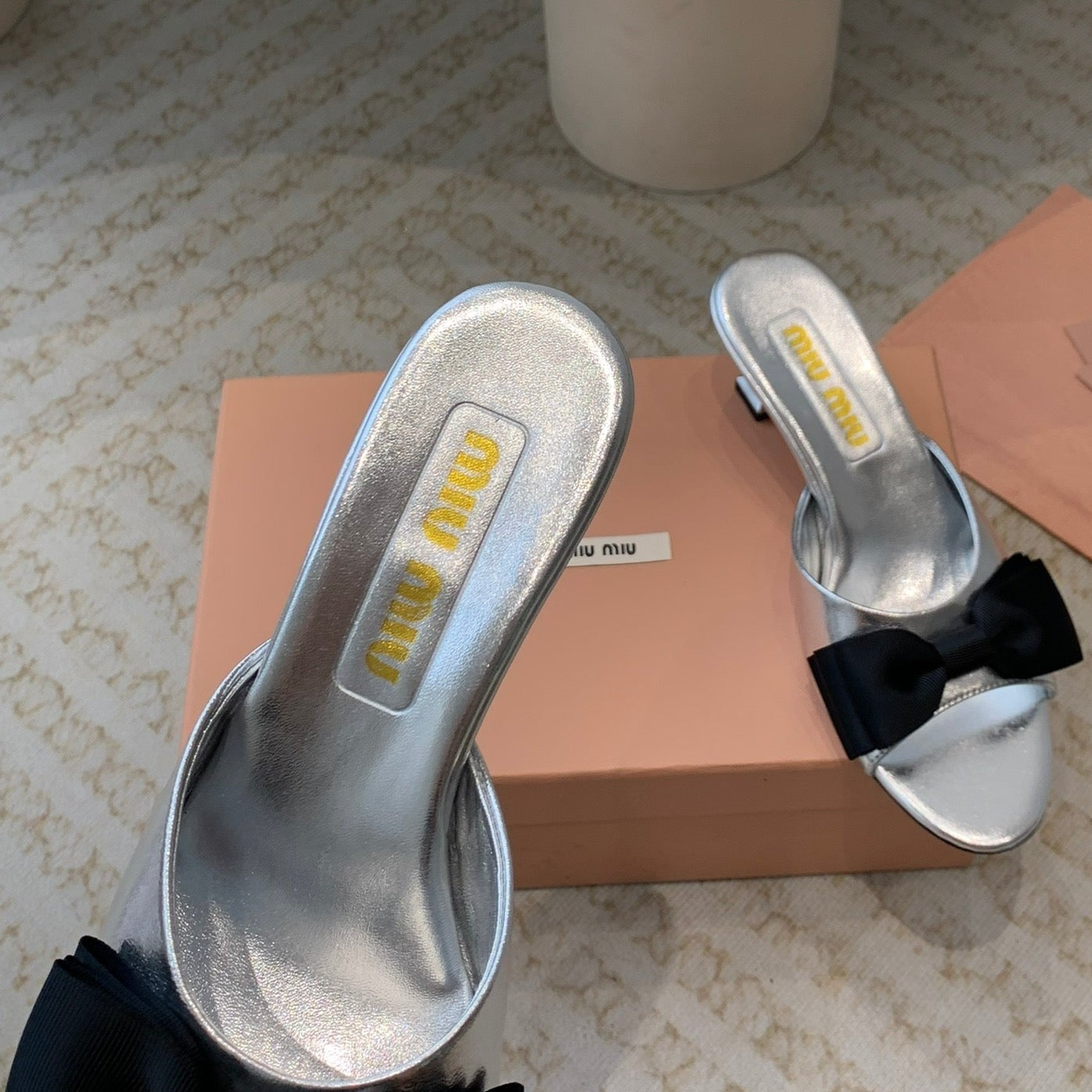 Silver Mid - Heels With Black Bow Calfskin - 35