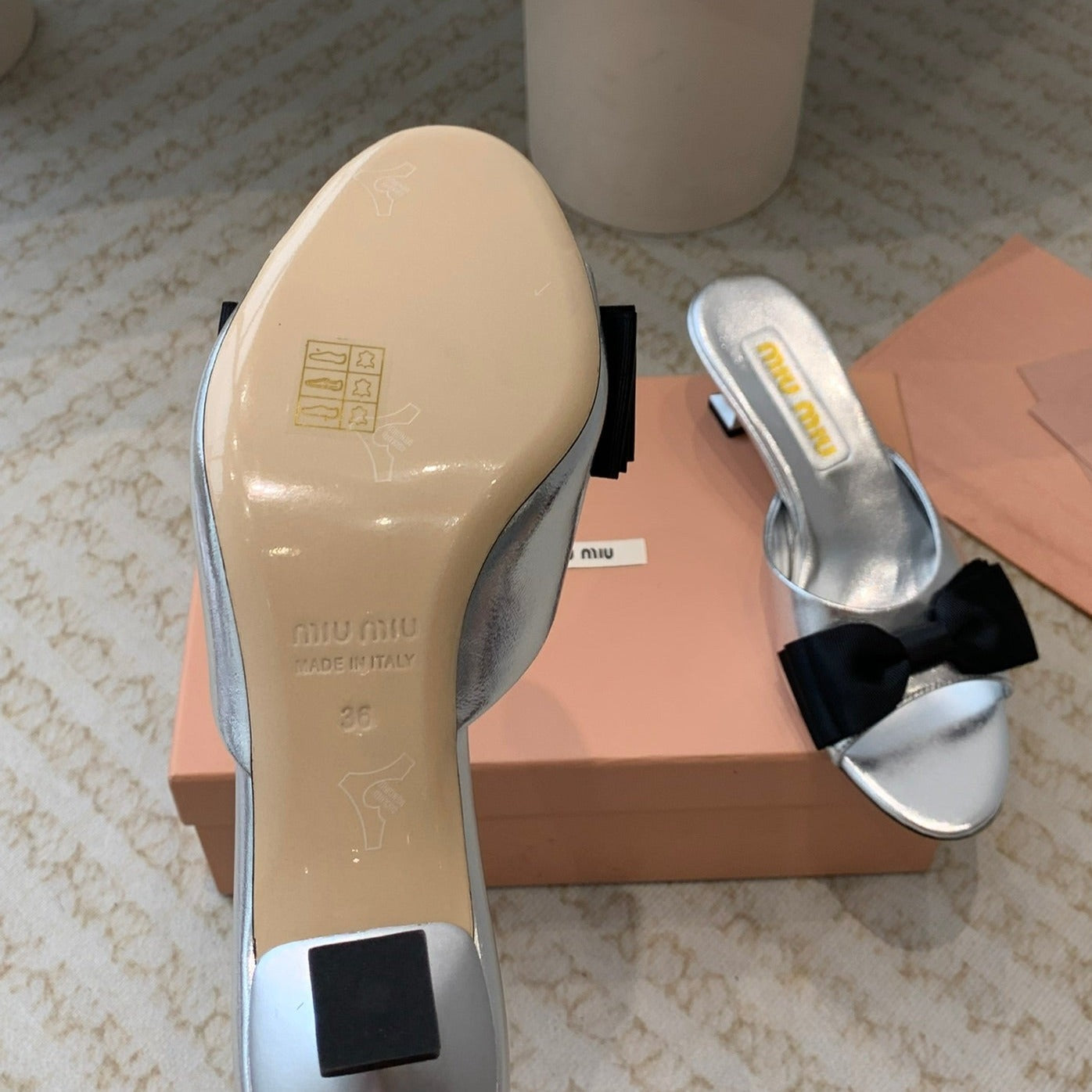 Silver Mid - Heels With Black Bow Calfskin - 35