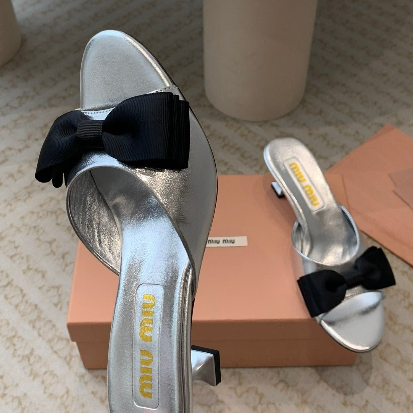 Silver Mid - Heels With Black Bow Calfskin - 35