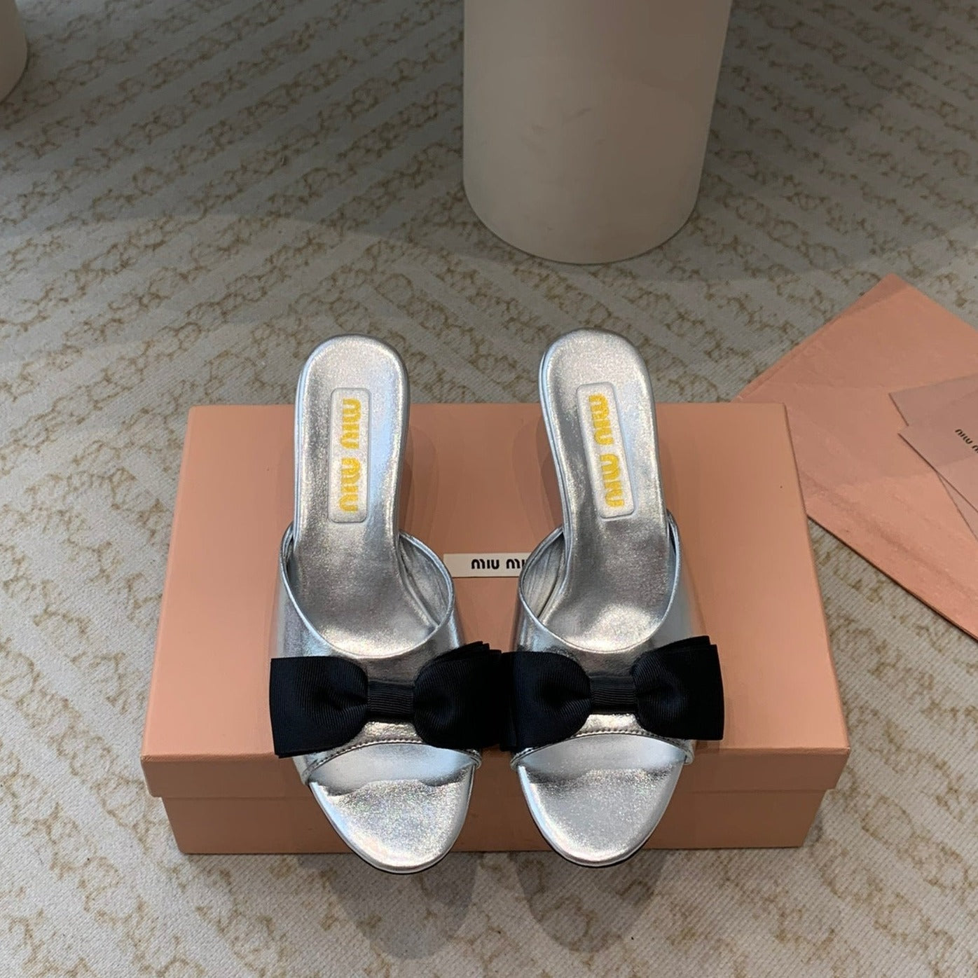 Silver Mid - Heels With Black Bow Calfskin - 35