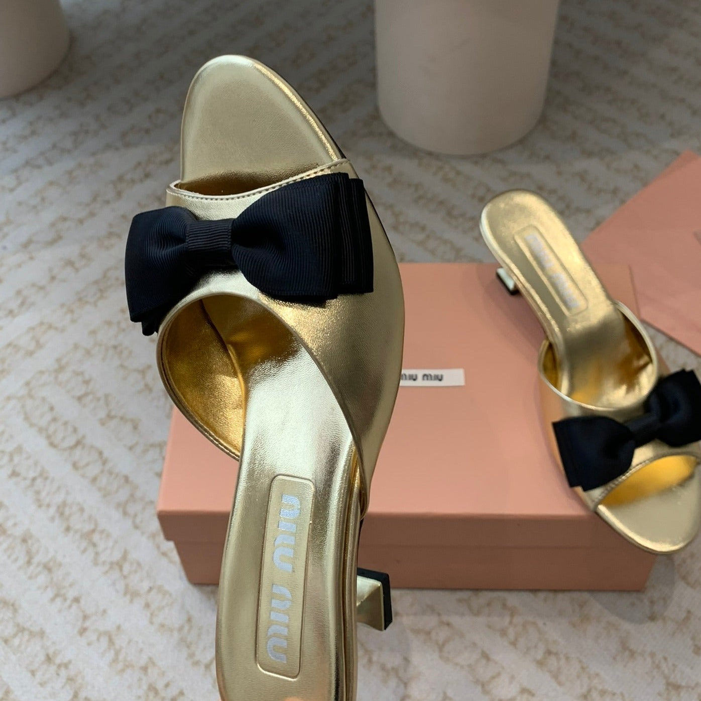 Metallic Gold Mid - Heels With Black Bow Calfskin - 35