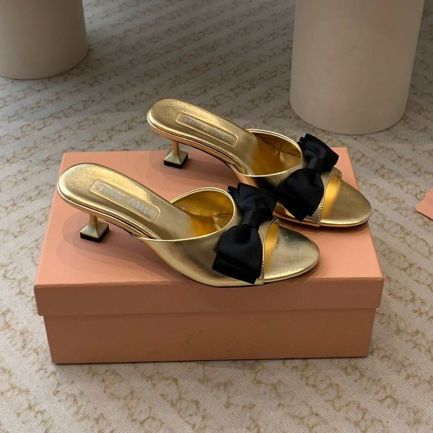 Metallic Gold Mid - Heels With Black Bow Calfskin - 35