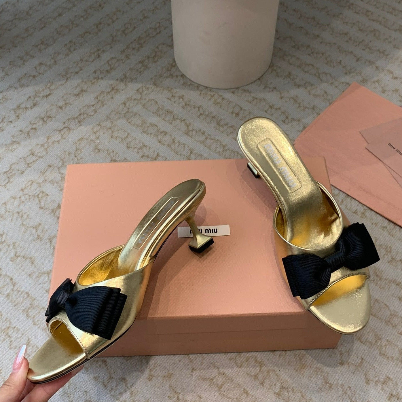 Metallic Gold Mid - Heels With Black Bow Calfskin - 35