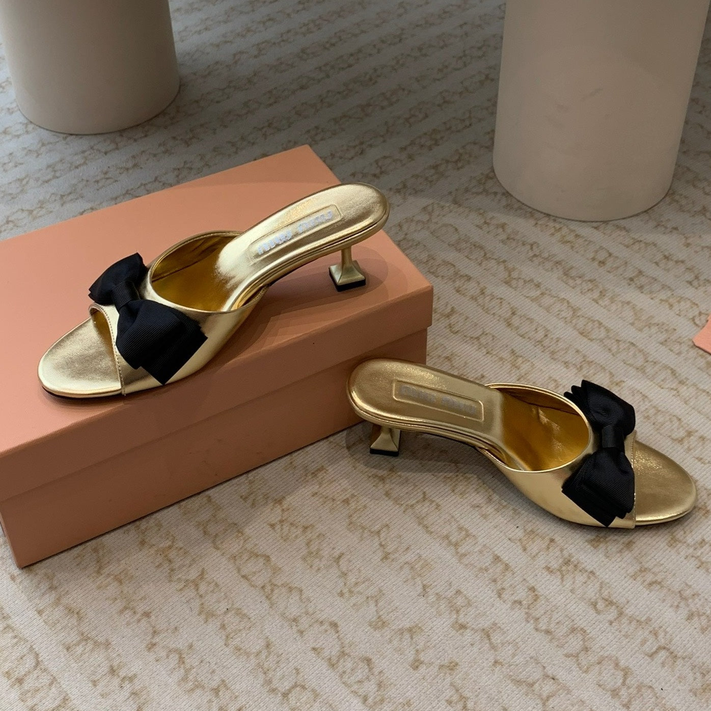 Metallic Gold Mid - Heels With Black Bow Calfskin - 35