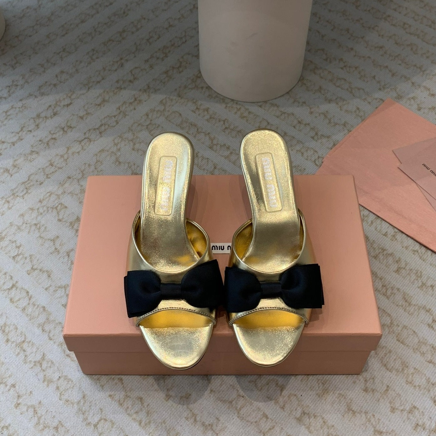 Metallic Gold Mid - Heels With Black Bow Calfskin - 35