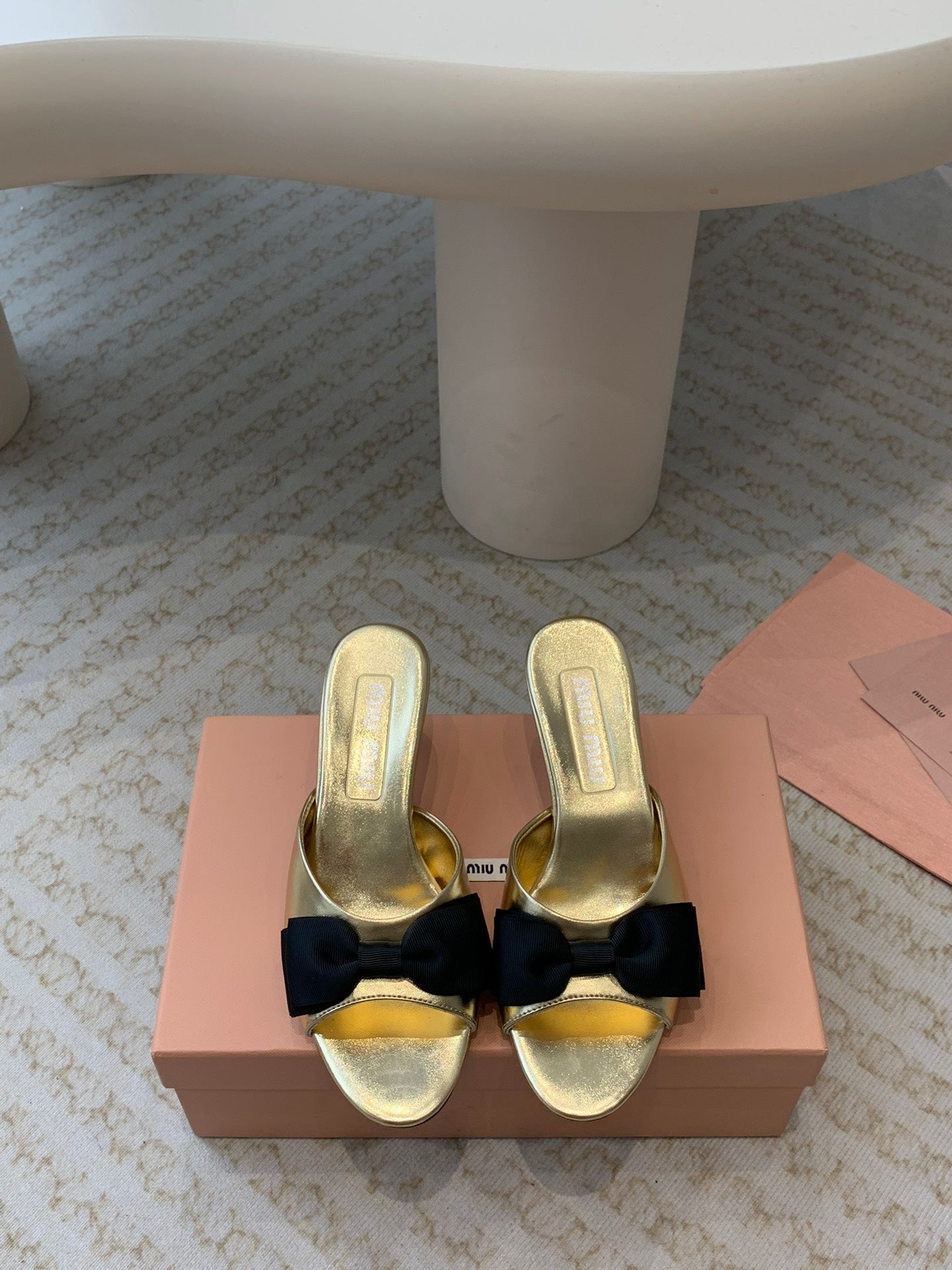 Metallic Gold Mid - Heels With Black Bow Calfskin - 35