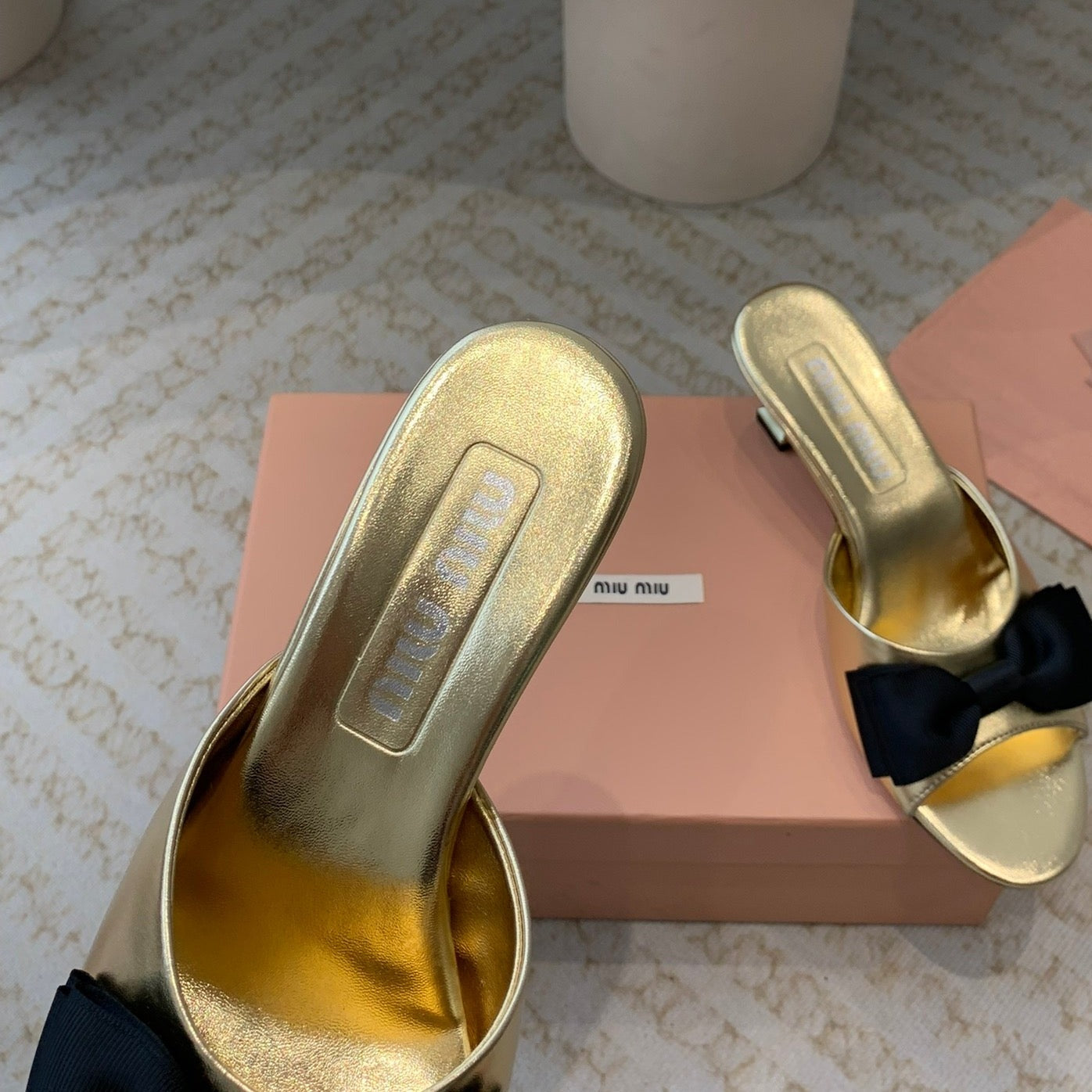 Metallic Gold Mid - Heels With Black Bow Calfskin - 35