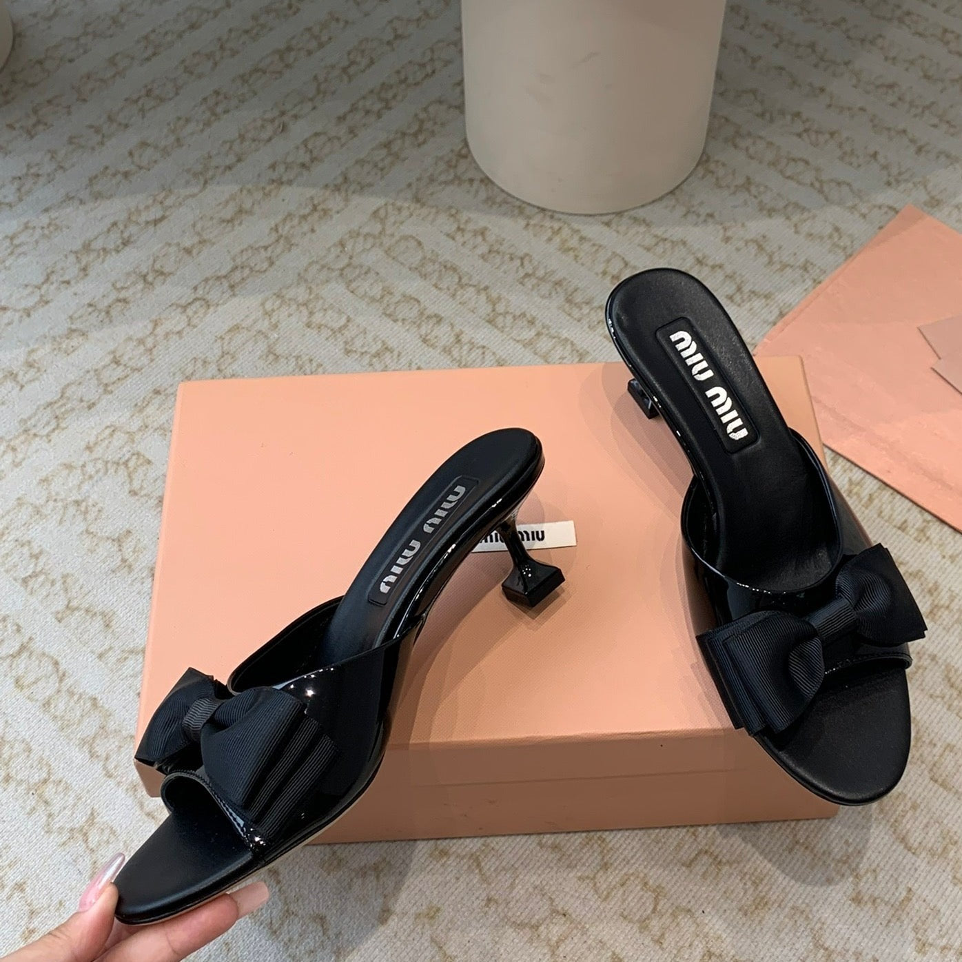Black Mid - Heels With Black Bow Calfskin - 35