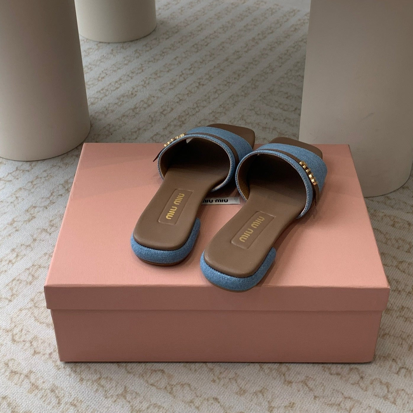 Women's Caramel Denim Slippers With Azure Blue Straps And Belt - 35