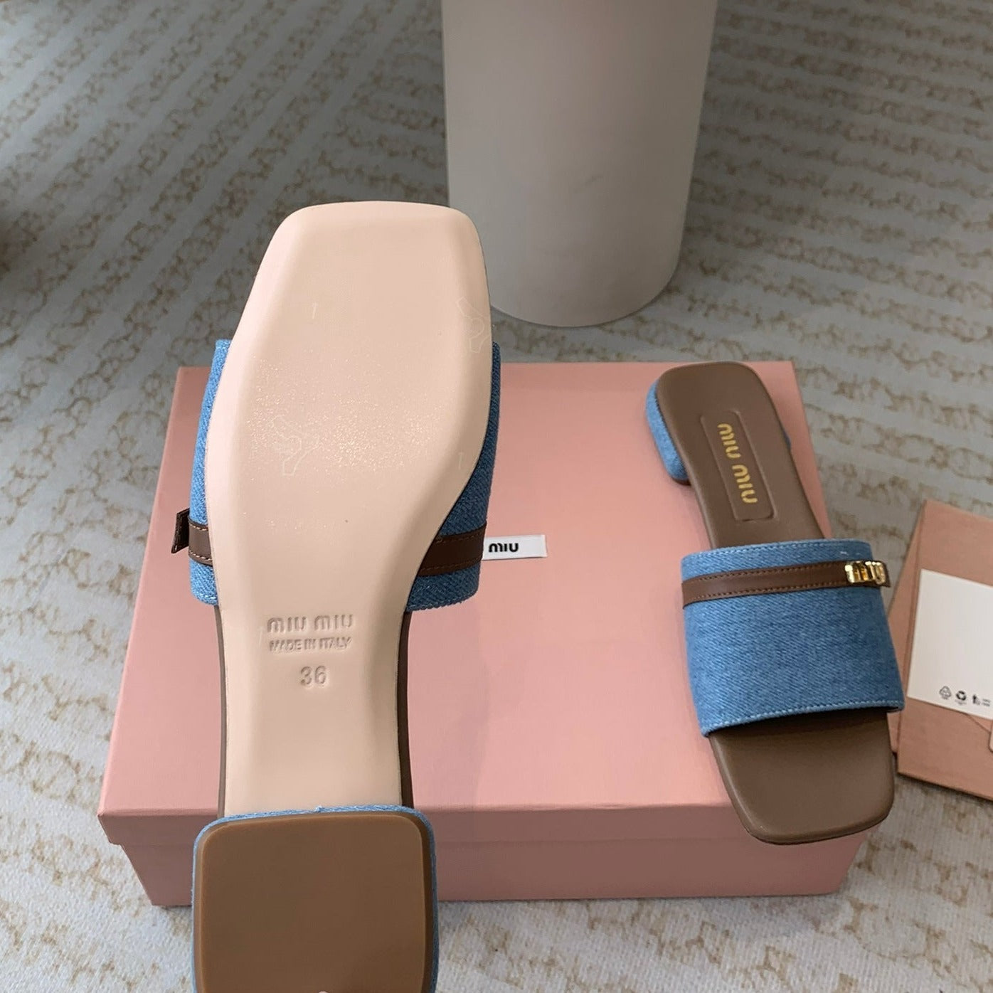 Women's Caramel Denim Slippers With Azure Blue Straps And Belt - 35
