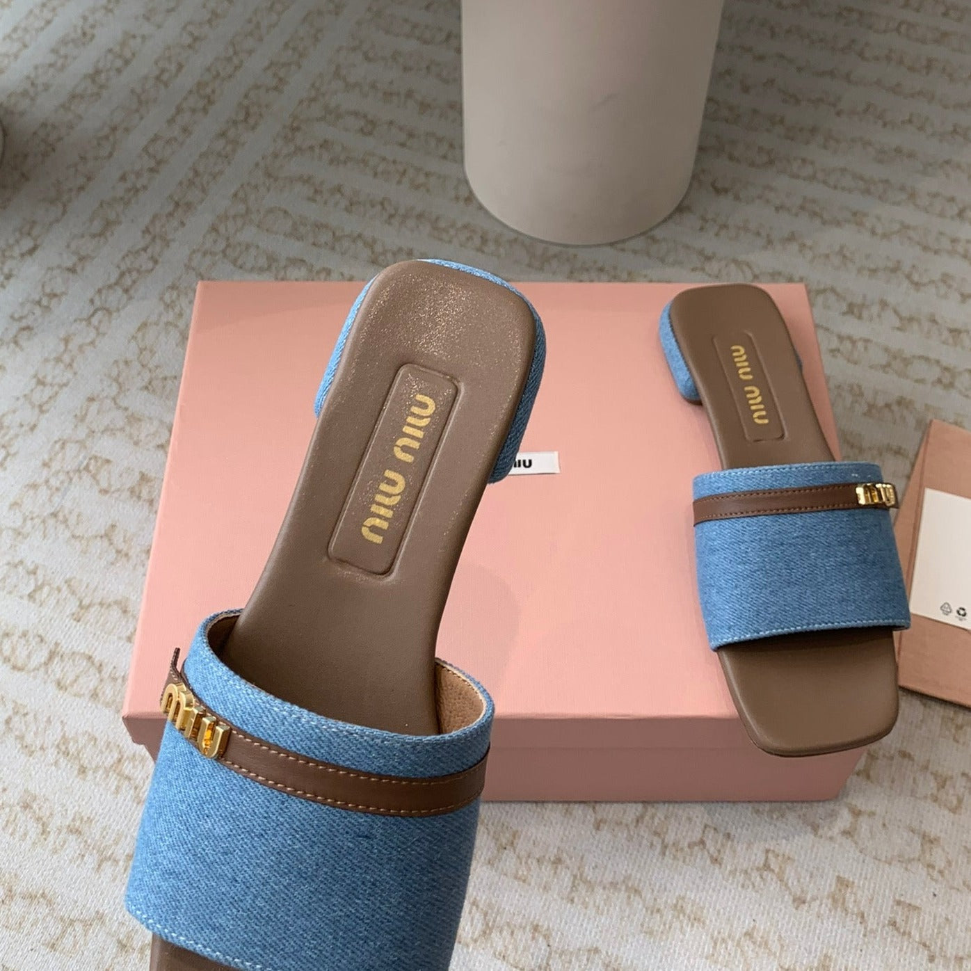 Women's Caramel Denim Slippers With Azure Blue Straps And Belt - 35