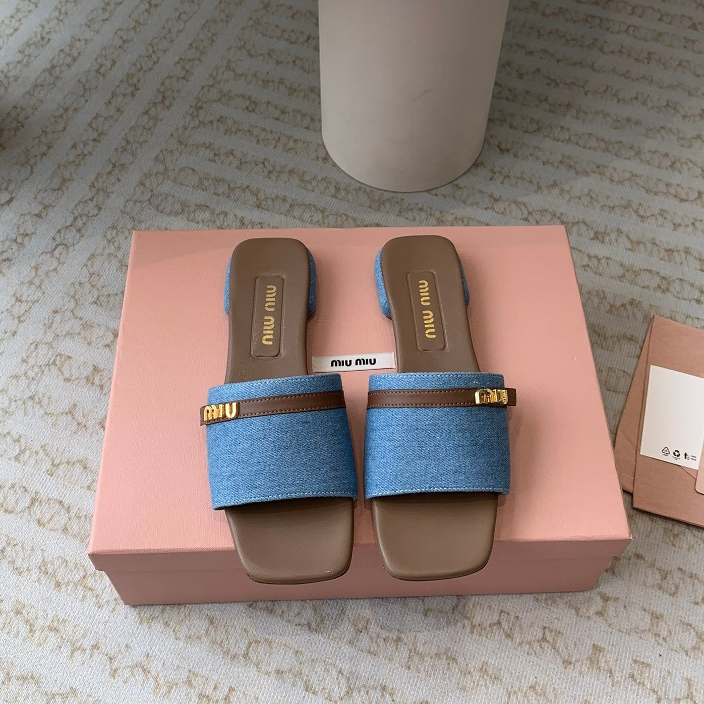 Women's Caramel Denim Slippers With Azure Blue Straps And Belt - 35