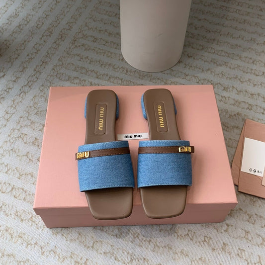Women's Caramel Denim Slippers With Azure Blue Straps And Belt - 35