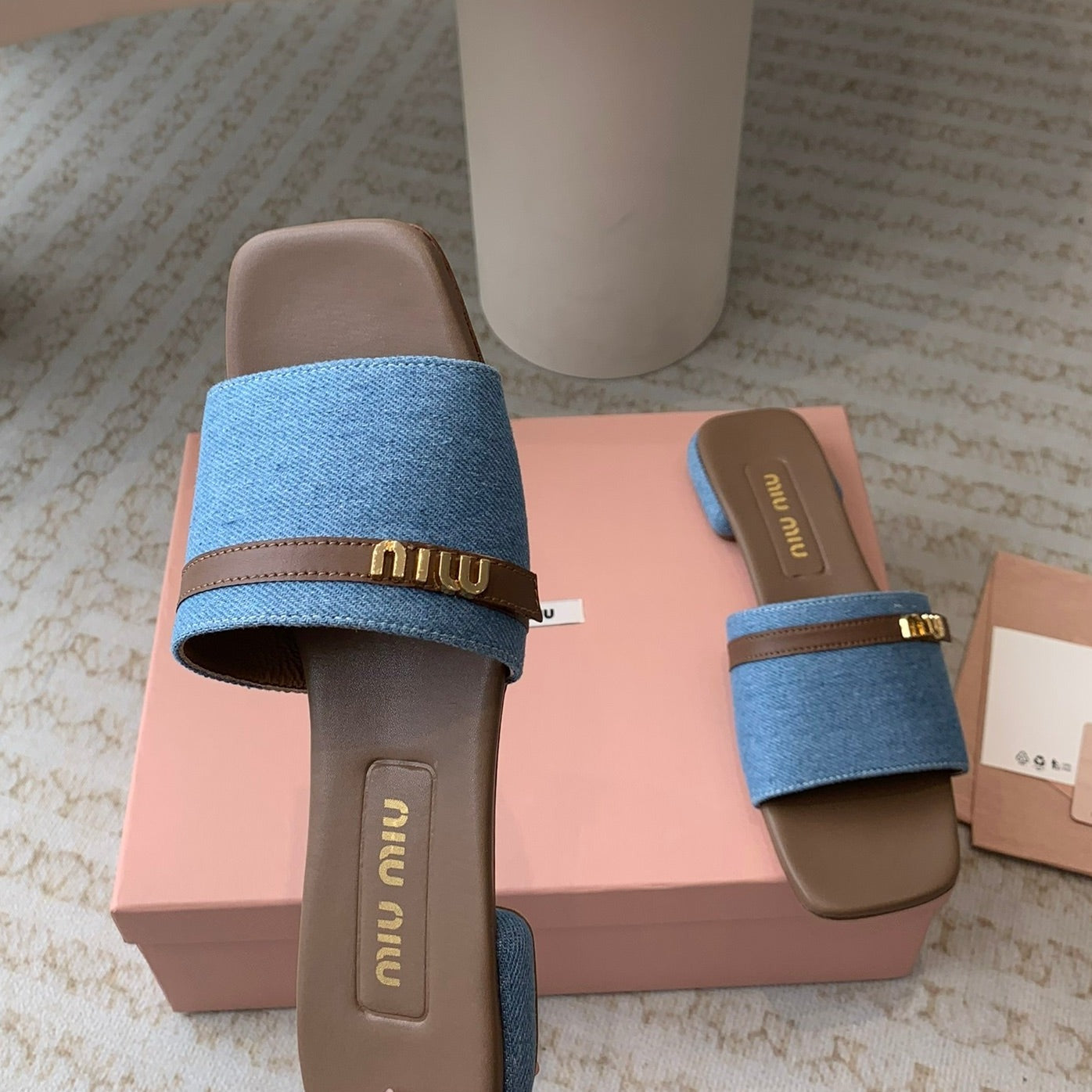 Women's Caramel Denim Slippers With Azure Blue Straps And Belt - 35