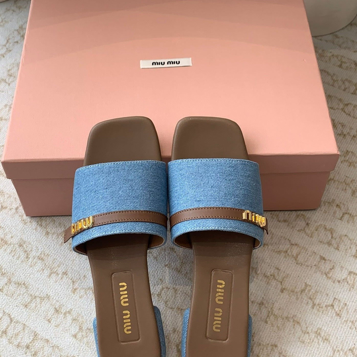 Women's Caramel Denim Slippers With Azure Blue Straps And Belt - 35