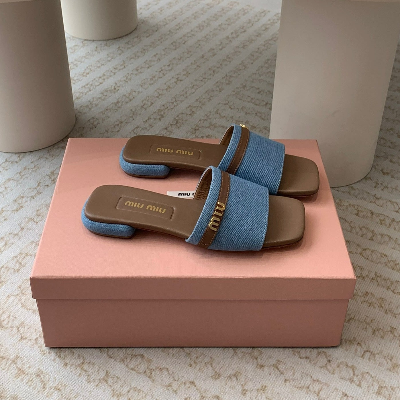 Women's Caramel Denim Slippers With Azure Blue Straps And Belt - 35