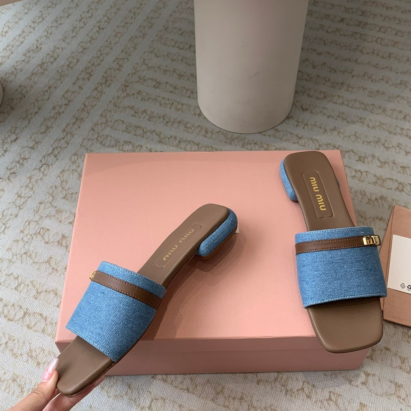Women's Caramel Denim Slippers With Azure Blue Straps And Belt - 35
